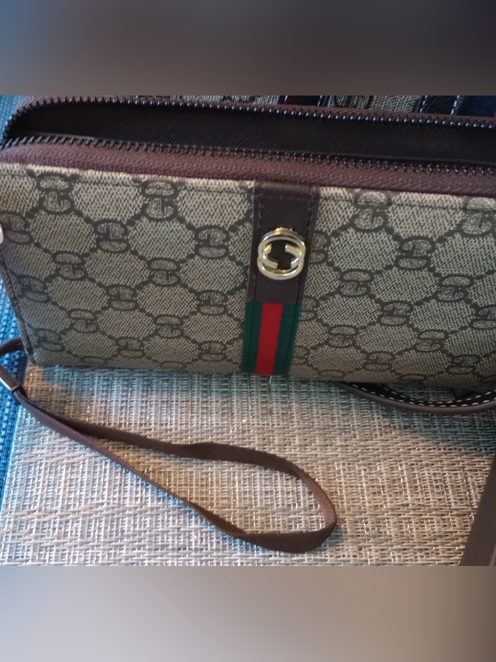 Brown Monogram Wristlet with Green-Red Stripe and Gold Accent